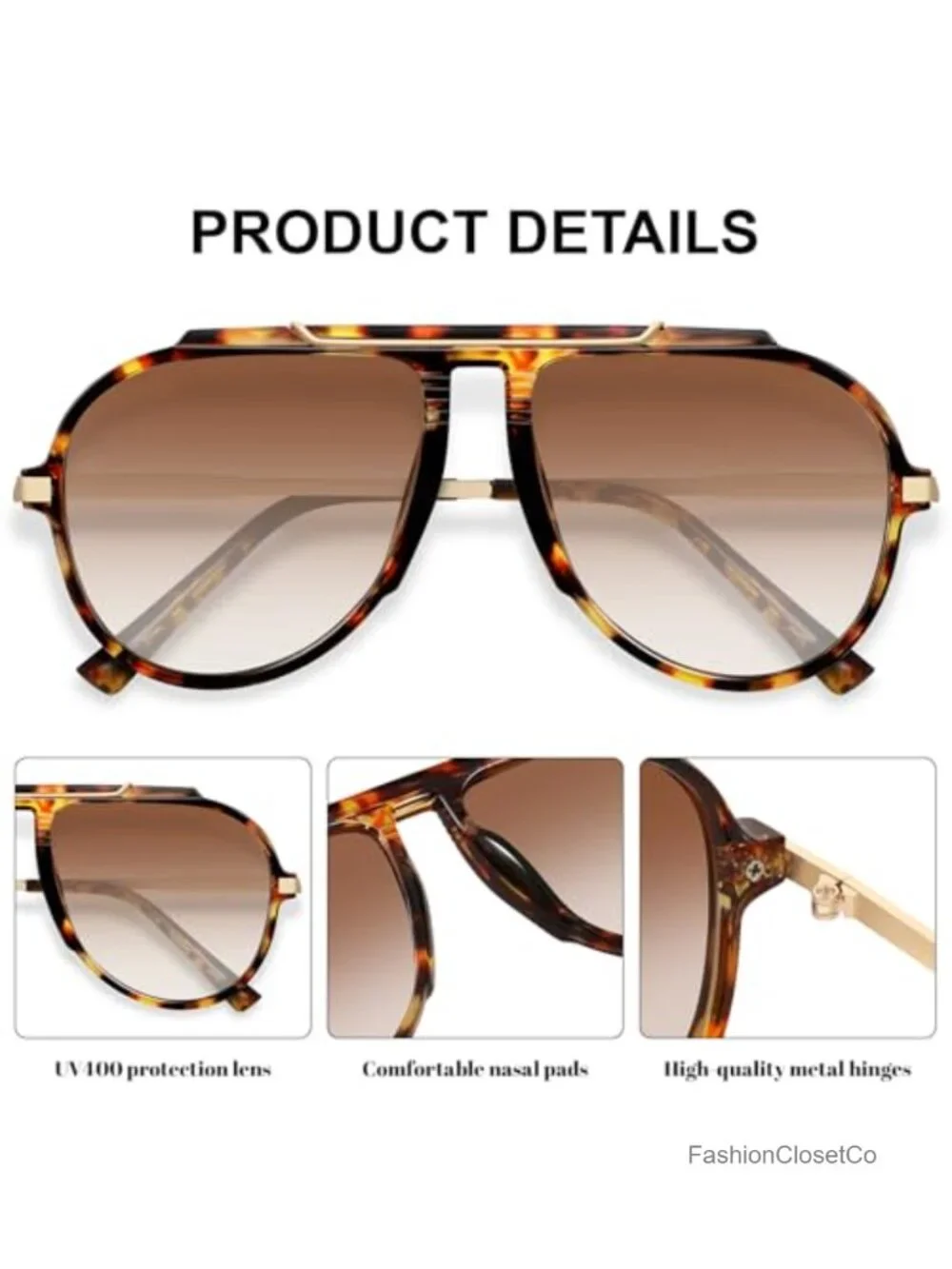 Oversized Retro Aviator Sunglasses Unisex 70s Trendy Gold Metal Frame UV
